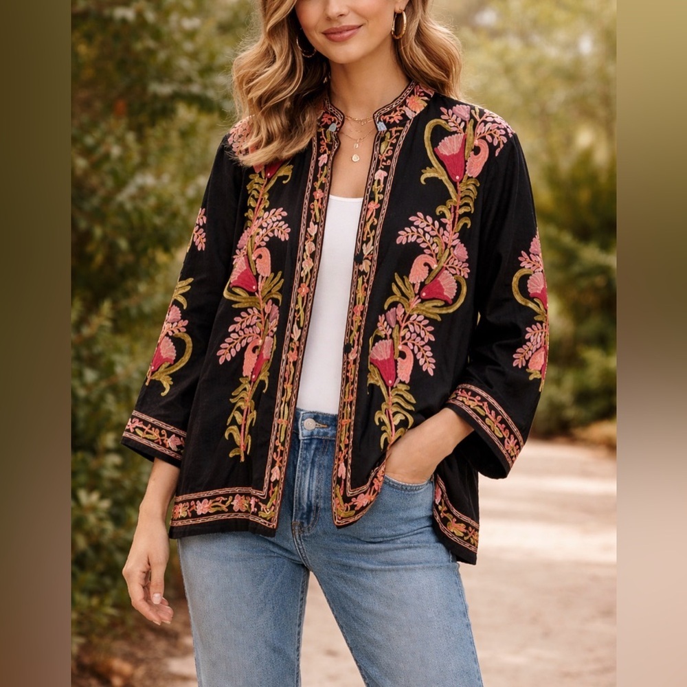 Kashmiri hand-embroidered jacket flowers embroidery